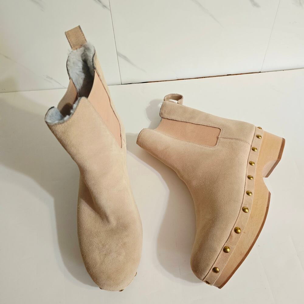 J. Crew Chelsea Clog Studded Boot Wooden Sole Leather Tan Faux Fur Size 8.5